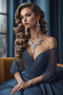 full body woman, from Russian Federation , elegant dress, elegant curled hair , 19 years old ,earring, nice make up,8k, Candid avant garde portrait, charming woman, wearing Lovely Flower Diamond Pendant, octane render 3d, plastic material