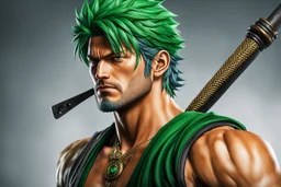 Zoro in 8k live action anime artstyle, one piece them, Young man, dynamic pose, intricate details, highly detailed, high details, detailed portrait, masterpiece,ultra detailed, ultra quality