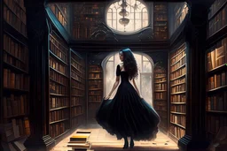 full-height shot of a woman in a tight black dress, inside a large magic book shop, books, bottles, windows