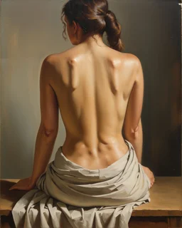 masterpiece classical academic oil painting, figurative study of a seated female figure viewed from behind, focus on anatomy, posture, and painterly texture, subject seated on a surface with a natural relaxed pose, torso slightly leaning forward the figure is partially draped in simple light fabric around the lower body and upper torso, arranged modestly, emphasizing form through light and shadow rather than exposure detailed back anatomy: visible shoulder blades, natural spine curvature, soft m
