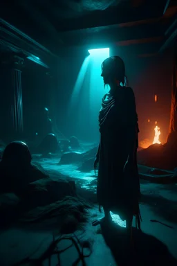 "The climax: a chilling and mesmerizing specter materializes, embodying the essence of fear and supernatural entities. With ghostly Jinnat, demons, and ifrits lurking in the shadows of a haunted night, the scene unfolds in Unreal Engine 5, capturing a cinematographic essence with gradient colors and editorial photography. The session is a blend of film techniques, shot in 70mm lens with depth of field, tilt-shift blur, and a shutter speed of 1/1000, F/22 aperture, and precise white balance. The