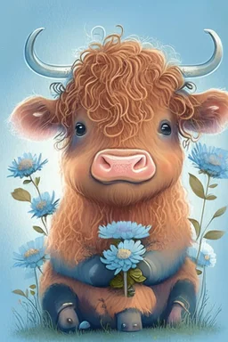 Adorable cute happy baby scottish highland cow with dreamy eyes, sitting down and holding a flower, nursery art, very rendered polished Perfect, smooth edges, flawless Facial Features, Stunning, Whimsical Fantasy, Cute, Highly Detailed, Well Rendered, cartoon, illustration