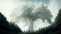 Giant white tree in a small sized forest reaching in to the sky.