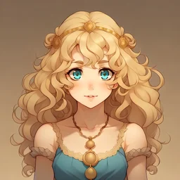 Curly haired blonde, princess, anime style, front facing, looking into the camera,