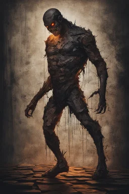 a demon dressed in a human body patchwork sewn of big pieces of human skin. walking in the night. scary. terrifying. intense horror. concept art. book cover art.