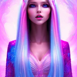 beautiful, soft, smiling face, whole head, long straight blonde hair blues eyes, crown on the head, clothing in transparent bluish and pink veil, background brillante bluish and pink, hight definition, 8K