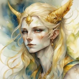 fantasy, portrait, elf, marble skin, watercolour, golden hair