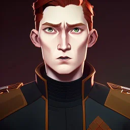 general hux in 3/4 view, wearing a black First Order uniform, serious, imposing figure, thick eyebrows, green eyes, sepia filter, light coming from the side