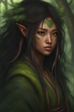 Druid, Elf, Mongolian face, Japanese face, beautiful, green glowing eyes, black hair, brown skin, portrait, mossy, natural, mystic, 3d Fantasy Art, detailed