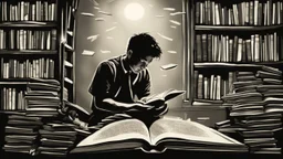 The image captures a moment of deep immersion in the world of books and personal development. It offers a unique glimpse as the person sits surrounded by books, engrossed in reading content that contributes to self-improvement and acquiring new knowledge. The proper lighting and intricate details enhance a positive and motivating atmosphere for learning and growth. The image portrays a scene where the individual is actively engaging in self-development through reading, highlighting the impact of