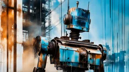 double exposure photo of urban decay and dancing crazy rusty scrappy robot, pseudo photo-realism, negative space, amazing reflections, excellent parallels, great verticals, juxtaposition shock, wet print, ink leak, colors of light sky blue and beige and black