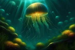 Stwórz hiperrealistyczny obraz meduzy pod czystym oceanem, glony i rośliny pod powierzchnią morza oraz mistycznego blasku za meduzą, wodnym cudem, tajemniczy