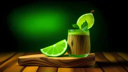 Mojito, lime and mint leaves on wooden tree trunk on wood table isolated on red background, copyspace for text