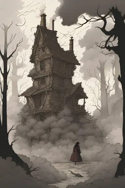 In the heart of a dense, ancient forest, a medieval cottage collapsing and barely visible engulfed in flames, its timeworn timbers crackling and sending plumes of smoke into the sky. In the foreground, a mysterious woman in silhouette stands, the house is melting like candy. the house is engulfed in flames. a woman in a cloak hides behind a tree. it is nighttime.