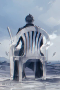 male character sitting on a plastic chair seen from behind, line arts, greyscale