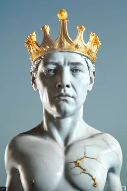 Ultra Realistic image, classic sculpture, white marble material, Maradona, gold crown of natural thorns, god crown, gold veins, gold ornaments, sun rays background, waist up portrait, epic, celestial, cinematic lighting, God lights, 4k resolution, smooth details, soft lighting, unreal engine 5, art station, substance 3d.