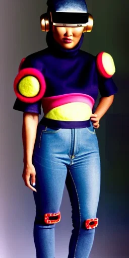 Asa Akira, thick thigh, thick calves. Bar at right showing Fashion colors in 2023. Style futurism, 1996, daft punk around the world,details,.Mantle is sewed of recycled Denim and sewed together felt pieces.Big headphones, with gold rings, is merged with small felt cap with small visor. A bag is integrated to the mantle. Big camouflage Patterns are composed of orange, cream, blue, lilac and purple. LATEX (blue). It is with big bright purple felt tippet and cream-colored-hood. tippet, Apricot Crus