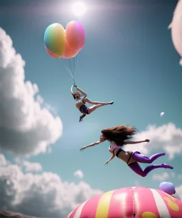 Ultra realistic speed clouds sky scene, wide angle view, sweet women falling down, inflatable color clothing, free jumping flying, many trinkets, hair monster, many jelly beans, balls, color smoke, smile, happy, circus style, extreme, wind, clouds sea, 20,000 feet altitude, stratosphere, soft color, highly detailed, unreal engine 5, ray tracing, RTX, lumen lighting, ultra detail, volumetric lighting, 3d, finely drawn, high definition, high resolution.