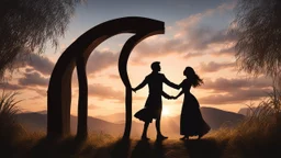 Hyper Realistic shadow-silhouette of a romantic couple-dancing behind a romantic sunset & with a wooden-arch with cloudy sky on mountain-top with leaves-whirling-&-breeze-blowing-tall-grass showing dramatic-romantic-&-cinematic-ambiance