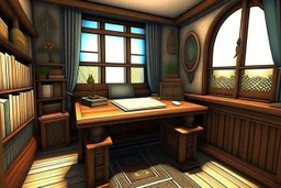 Fantasy medieval study room with desk front view