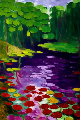 A red violet lilypond near a cave painted by Claude Monet