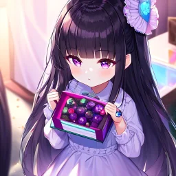 Clear focus,High resolution, Black long fluffy hair, and purple eyes, Loli