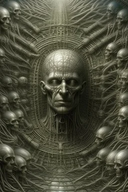 A field of thousands hands and heads inside a human cell , a thin line draw ،front view camera, surreal horror, biomechanical design, by hr giger and beksinski , Busch painting style