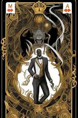 Dashing black man in a suit, holding a deck of cards. There's a young fey dragon with him.