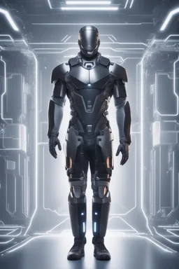 A full body portrait of a powerful man. HIgh tech future