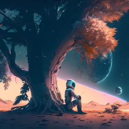 A lonely astronaut sits under the shade of an old tree on the edge of a planet. He looks at a beautiful galaxy. And he is thinking while waiting for his love.4k, high resolution. full detail. digital art, anime