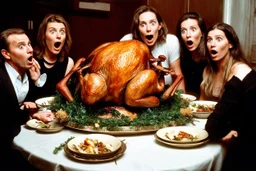 Thanksgiving dinner table with shocked horrified extended family sitting around table with a large oozing roasted turkey on a platter with a baby xenomorph bursting from out of the middle of the turkey, visceral, unsettling, by Joel-Peter Witkin and Laurie Lipton, color photograph, weirdcore, sharp focus, dynamic lighting, 8K resolution