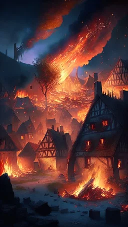 medieval village on fire, meteors falling in the background