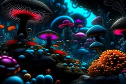 Exotic Flora, fauna, mushrooms, fungi and coral at the End of the Multiverse black liquid Land