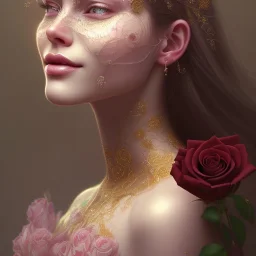 red rose beautiful girl smile,utra realistic,highly detailed, gold, pink, jewels, lace, masterpiece, delicate detailed, sharp focus, insanely detailed, fantasy art, intricate detailed, elegant, fog, Special Lighting, Vibrant, color Scheme, forest, unreal engine 5, trending on artstation