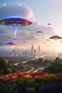 ufo rainbows, cité cristal très futuriste ultra moderne, ufos fleet, intergalactic, dômes de cristal, beautiful gardens , flowers