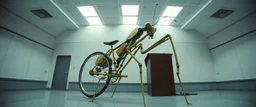 pinhole cam, weird geometry sacred, airbrush 3d rendering, integrated_multimodal_description: [Shot 1] A five-second cinematic single take in a clean industrial presentation hall. A bizarre mechanically plausible bicycle machine stands beside a presentation podium, designed to look like a giant mechanical praying mantis. Two large bicycle wheels form its main body and four thin articulated mechanical legs support it. Two long folded mechanical front arms resemble mantis forelegs.
