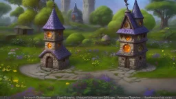 fairy tower in a middle of a small cute village, with many small houses and trees around the tower