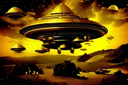 ufo space shuttle rocket spaceship wirelessly zapping the gold deposits out of a passing fleet of errant alien asteroids fictitious runaway hit 1950's tv show scifi fantasy dystopian wifi lore themed vintage scripted series photo real surrealistic