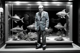 imitating black and white dioramas, man in three-piece suit, whose head has been replaced by a fish tank