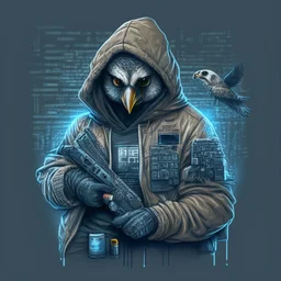 A falcon as a military hacker using a hoodie, carring hacker gadgets with a Sig pistol in hands