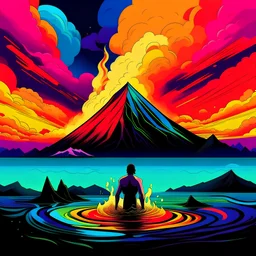 2d ilustration colorful of a man swiming in a lake with a volcano in eruption in the background as album artwork Antonio Sant'Elia style