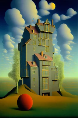 A surreal landscape with odd houses in René Magritte style