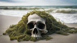 A skull covered with sea weed laying on the beach with a rough waves