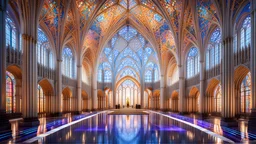 futuristic fantastic symmetrical cathedral interior view, year 2160, night, beautiful, colorful, totally symmetrical design, style Shigeru Ban, innovative architecture, award-winning photograph, awesome, serene, inspiring, spiritual, impressive, cinematic lighting, epic composition, photorealism, very high detail, Unreal Engine, Octane render, HDR