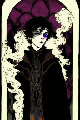 17 year old boy, necromancer, friendly, looks dead, surrounded by weird smoke with eyes, wearing black robes, in the style of Harry Clarke