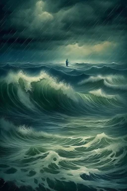 Rain and storm in an ocean with high waves , a man is sinking trying to survive, Bosch painting style