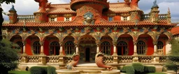 A brownish tan fiery palace with a dragon guarding it designed in African pottery painted by Claude Monet