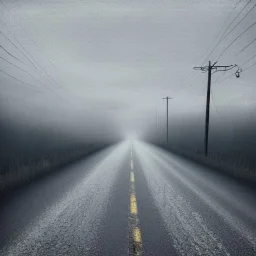 An empty road on a misty day. Telegraph poles and wires. Muted tones. Tilted high horizon. With blotches, blurry areas and lens noise and grain. Photo 4k