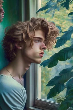 beautiful boy with pretty hair in age 25 his gay and smoking behind window while looking outdoor trees. His boyfriend try to kiss him