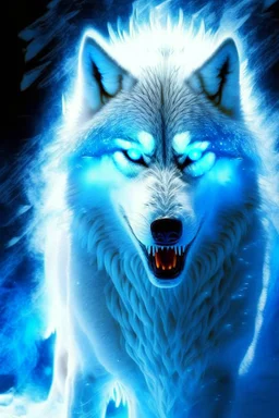 winter white gagantuan wolf beast angry glowing eyes breathing ice blue fire